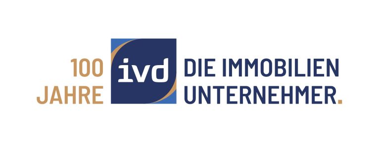 Logo des IVD: „100 Jahre – Die Immobilien Unternehmer.“ in Blau und Gold.
