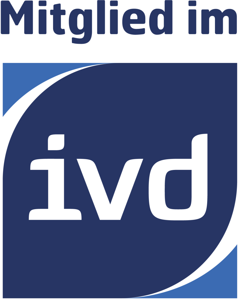IVD Blaues Logo mit dem Text "Mitglied im ivd" in Weiß.
